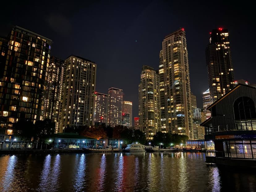 Canary Wharf skyline at night near the property in London